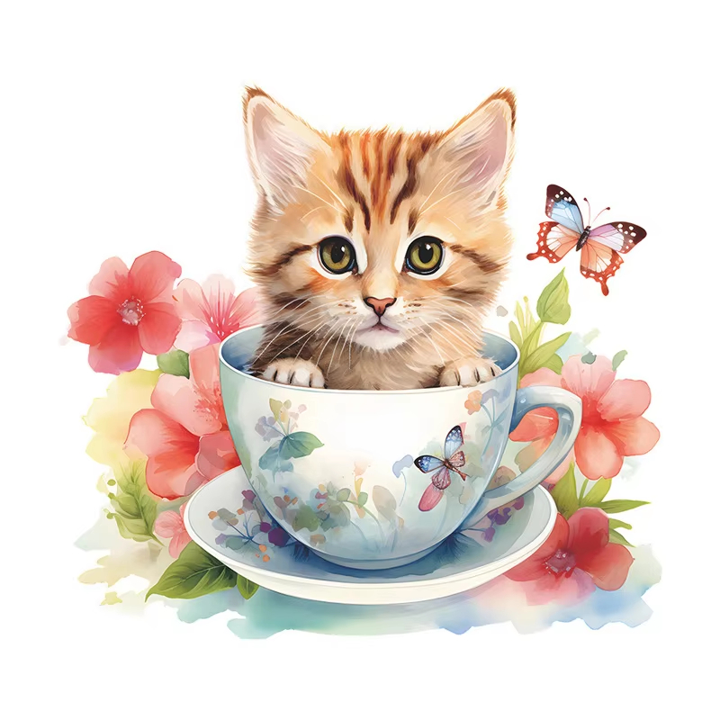 Teacup Cat Flower Wall Sticker - Home Bathroom Wall Tiles recension och pris